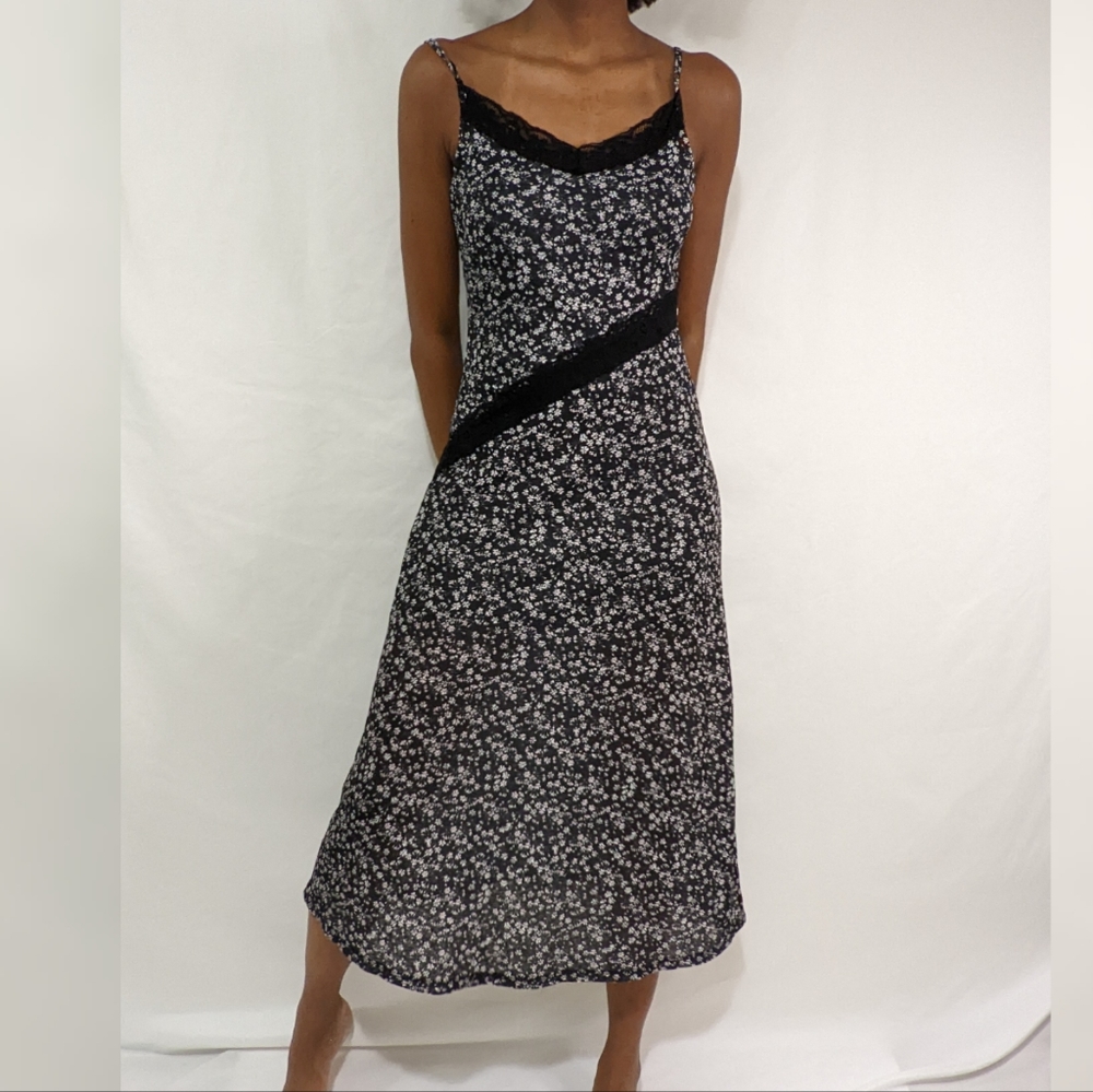 Topshop Black Floral Mesh Lace Midi Slip Dress